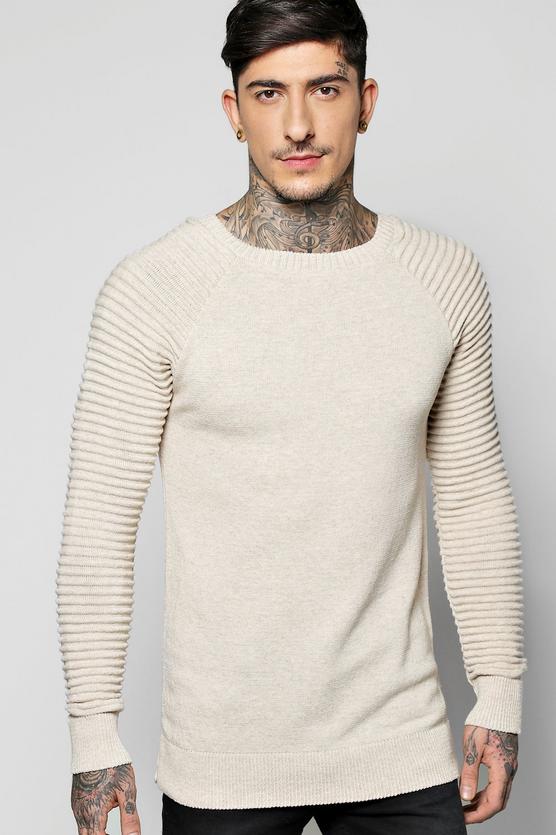 Crew Neck Jumper With Ribbed Sleeves